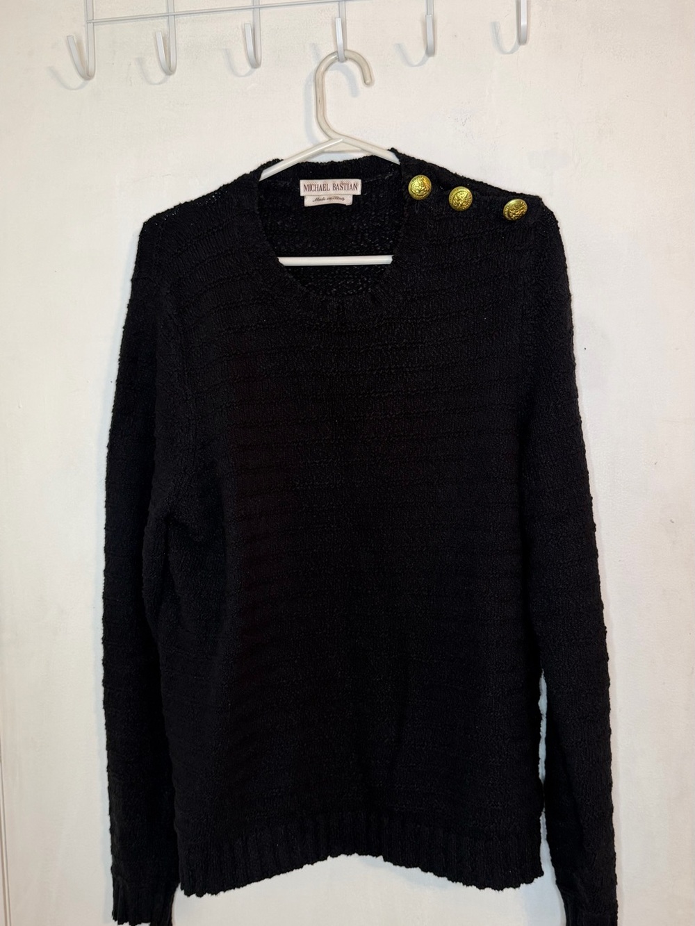 Michael Bastian Navy Blue Boucle Crewneck Sweater with Gold Shoulder Buttons